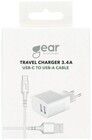 Gear Oplader 2 x USB-A 3,4A + USB-C kabel